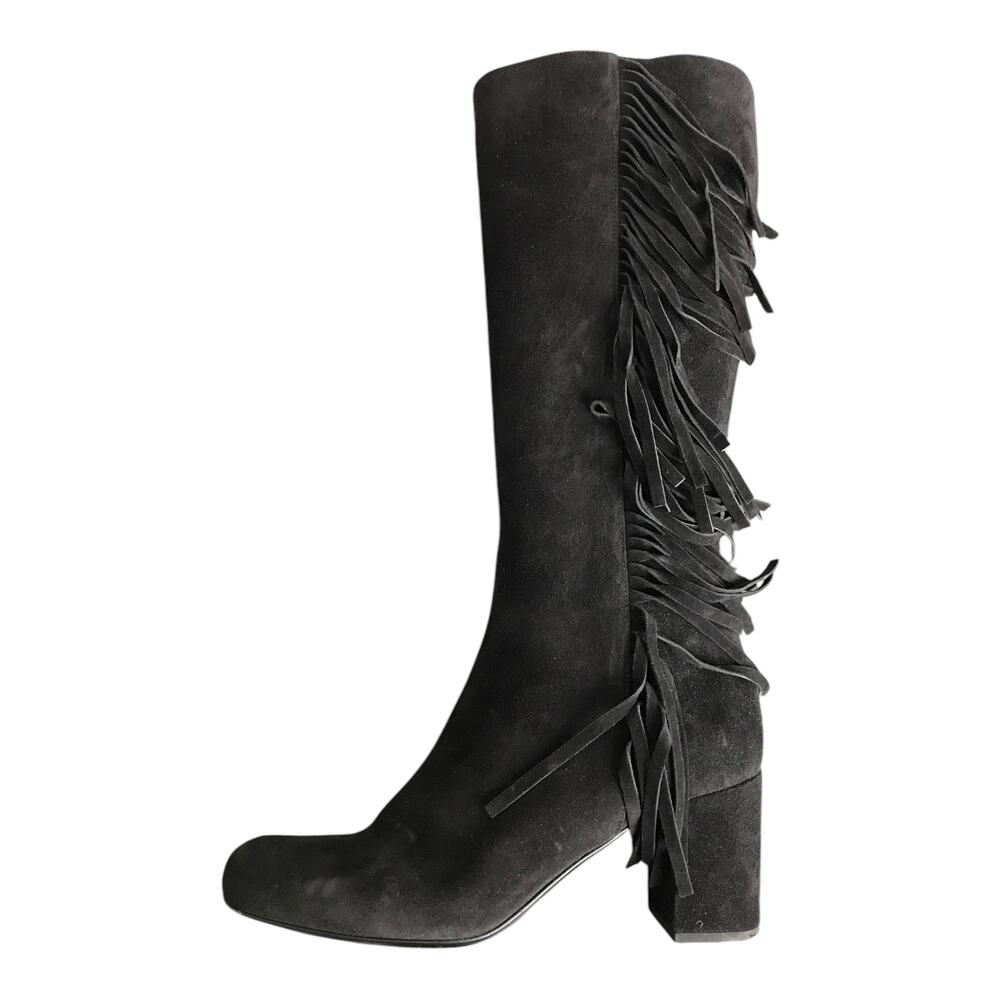 Saint Laurent Paris Black Suede Fringe Knee High Block‎ Heel Boots 40 YSL - Picture 2 of 8